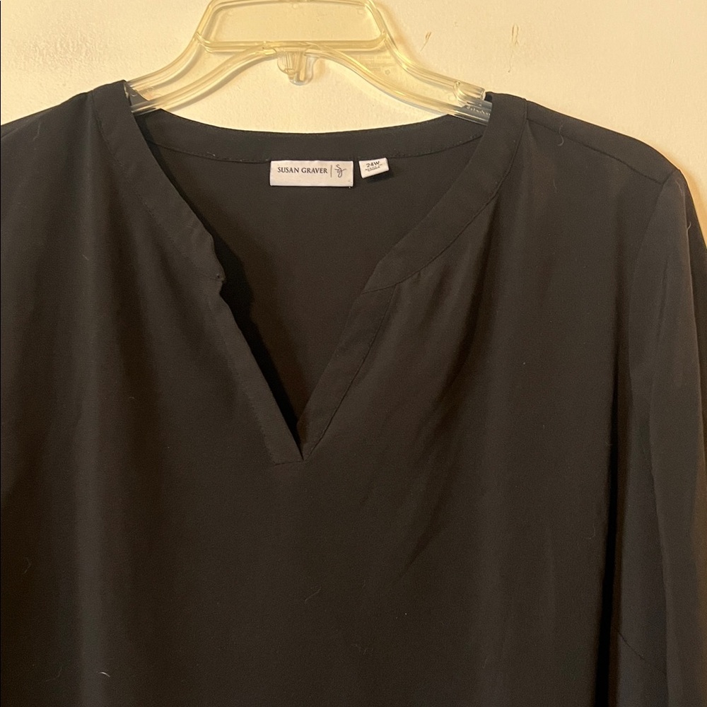 Susan Graver collarless black tunic length blouse - Picture 2 of 8